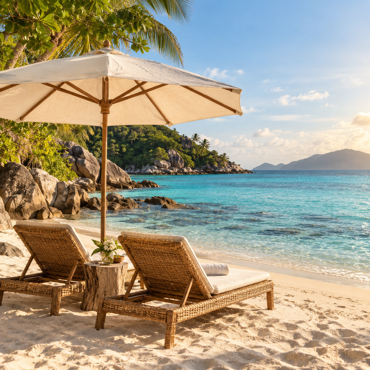 Illustrative honeymoon setting with two lounge chairs beside a tropical beach