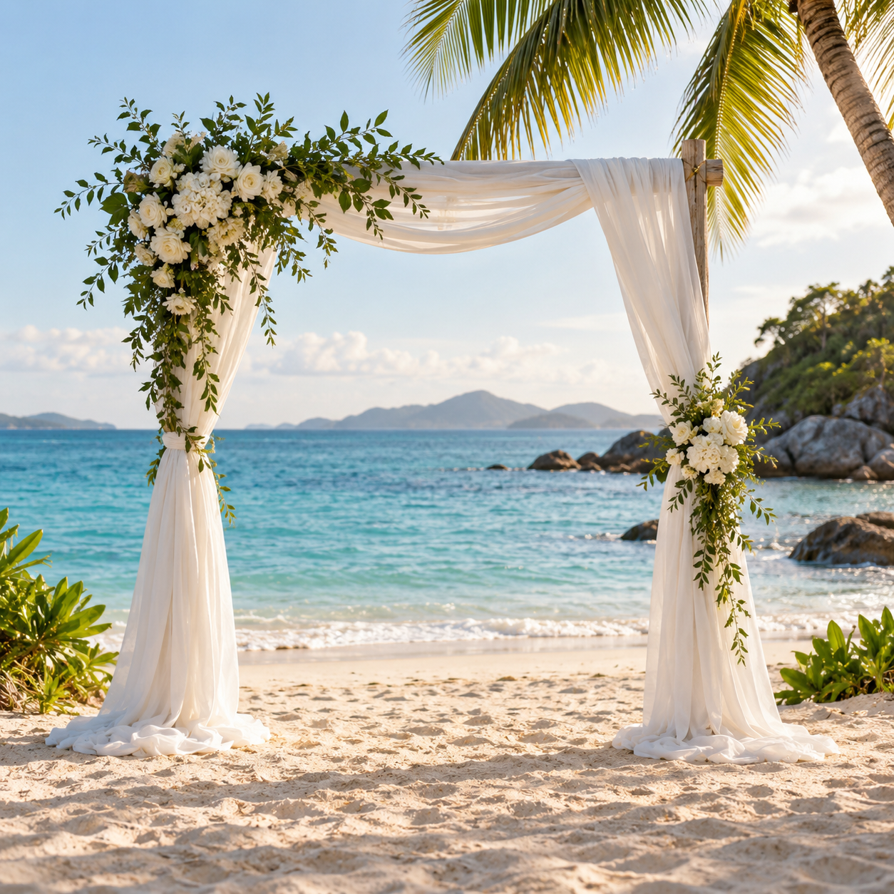 Illustrative beach wedding arch with white flowers beside turquoise water